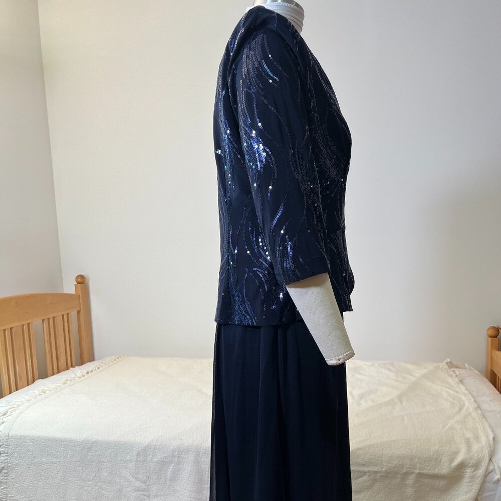 NWT ALEX EVENINGS Navy Blue Sequined A-ine Midi Petite Dress & Jacket - Size 12P - Picture 4 of 14